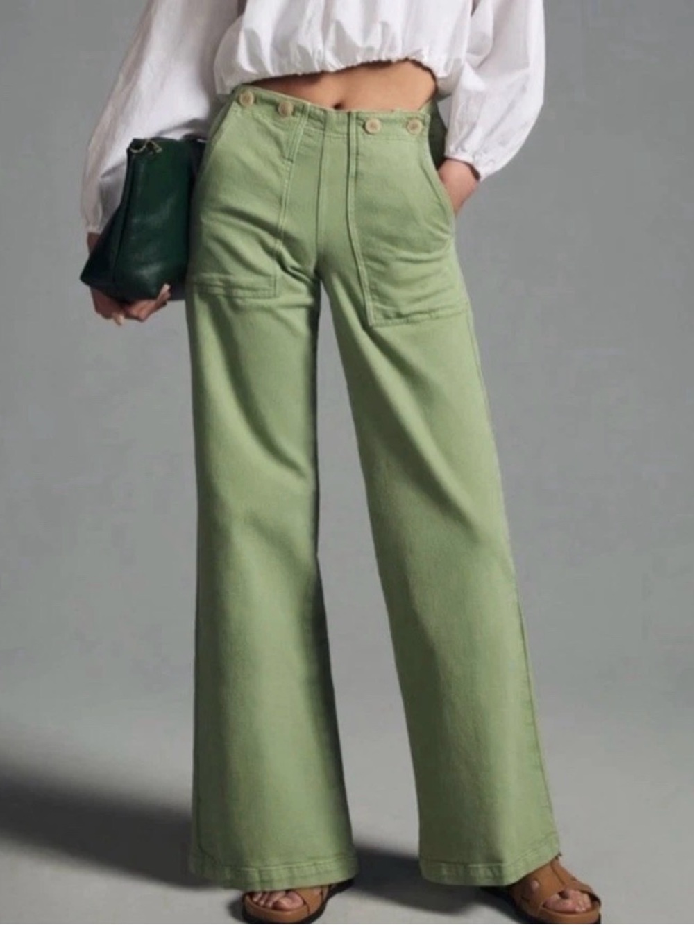 Anthropologie Pilcro The Kit High-Rise Green Wide-Leg Utility Trouser Size 32